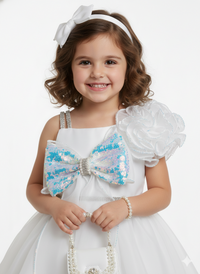 Girls’ Shimmering White Sequin Party Dress – Avant-Garde Ruffle Sleeve Frock