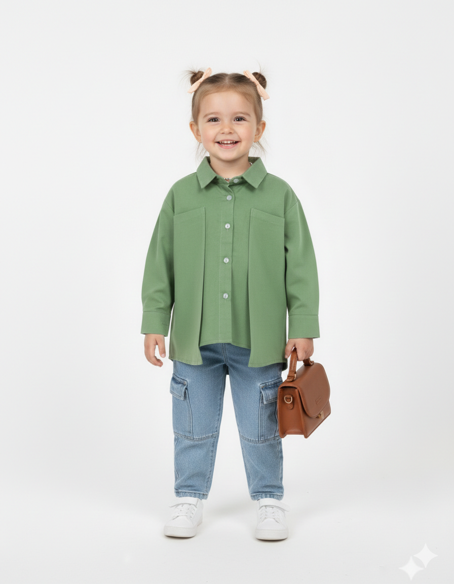 Girls’ Geometric Hem Layered Cotton Shirt