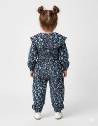 Girls’ Vintage Floral Ruffle-Collar Jumpsuit