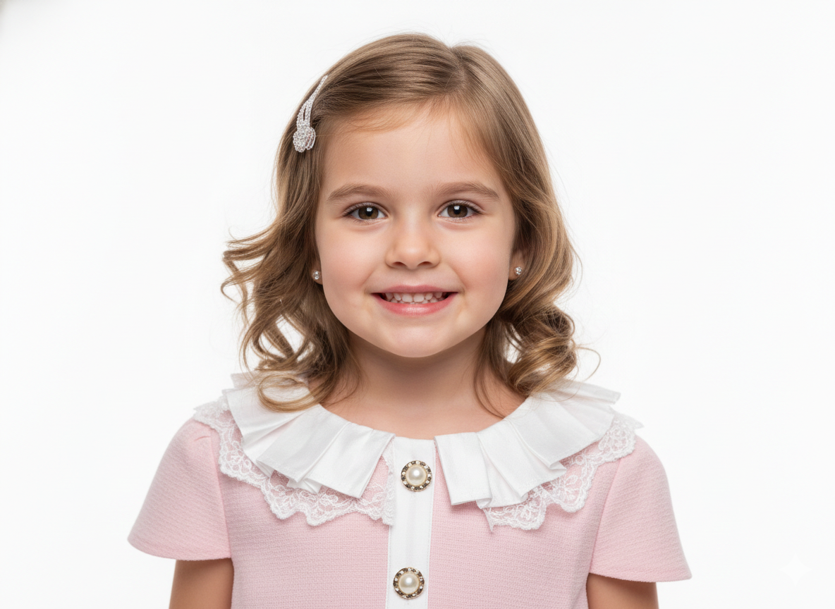 Girls' Pastel Pink Princess Dress with Pleated Lace Collar ✨