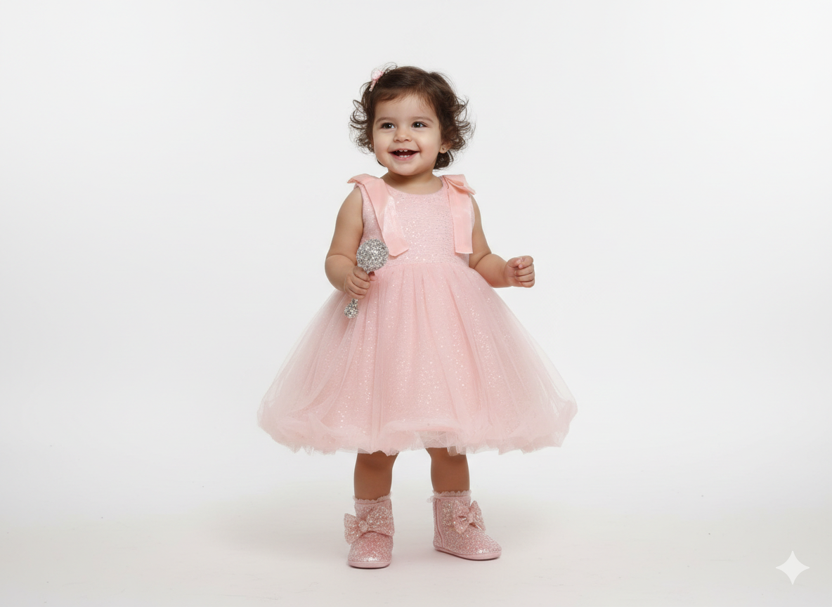 Girls' Shimmering Pastel Pink Tulle A-Line Dress with Shoulder Bow Accents