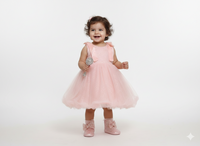 Girls' Shimmering Pastel Pink Tulle A-Line Dress with Shoulder Bow Accents