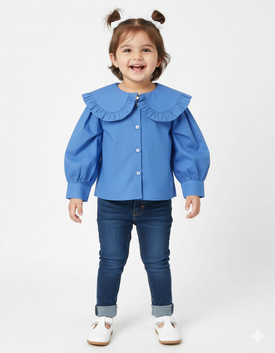 Girls' Dramatic Ruffle Collar Shirt in Cornflower Blue