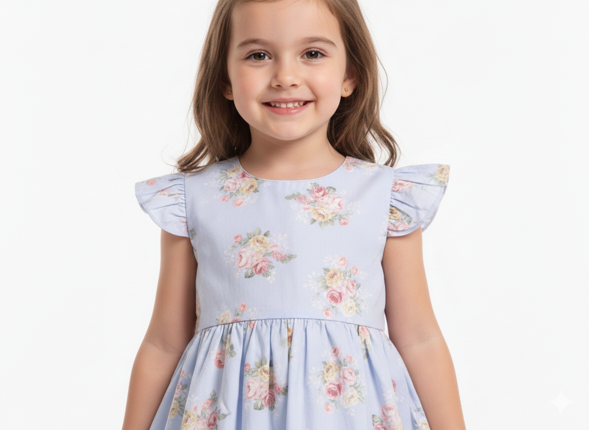 Girls' Vintage-Inspired Floral Print Cotton A-Line Dress with Flutter Sleeves