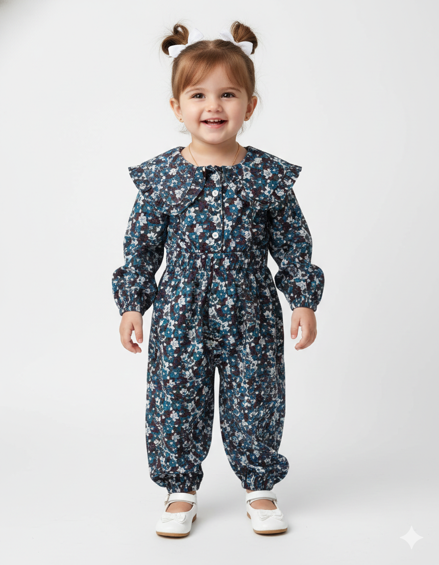 Girls’ Vintage Floral Ruffle-Collar Jumpsuit