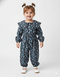 Girls’ Vintage Floral Ruffle-Collar Jumpsuit