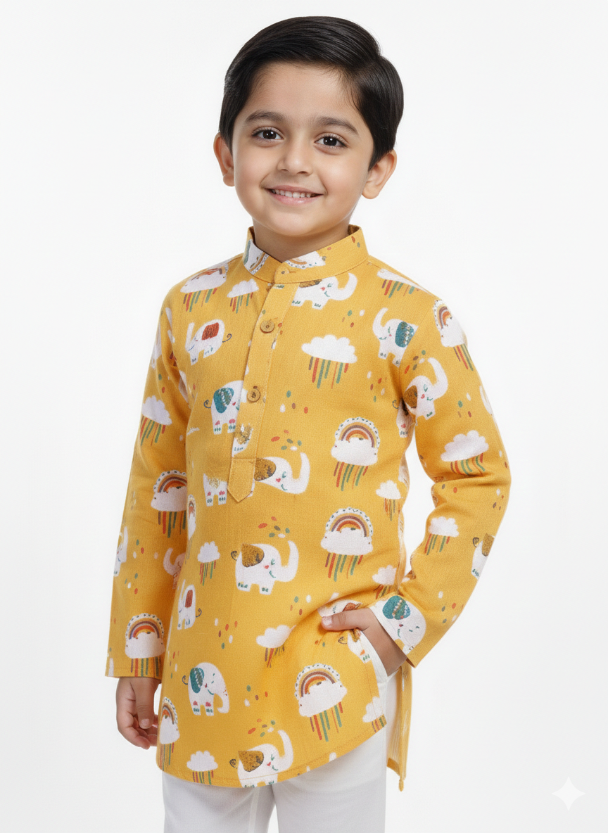 Boys' Mustard Yellow Rainbow & Elephant Print Kurta Set