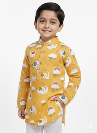 Boys' Mustard Yellow Rainbow & Elephant Print Kurta Set