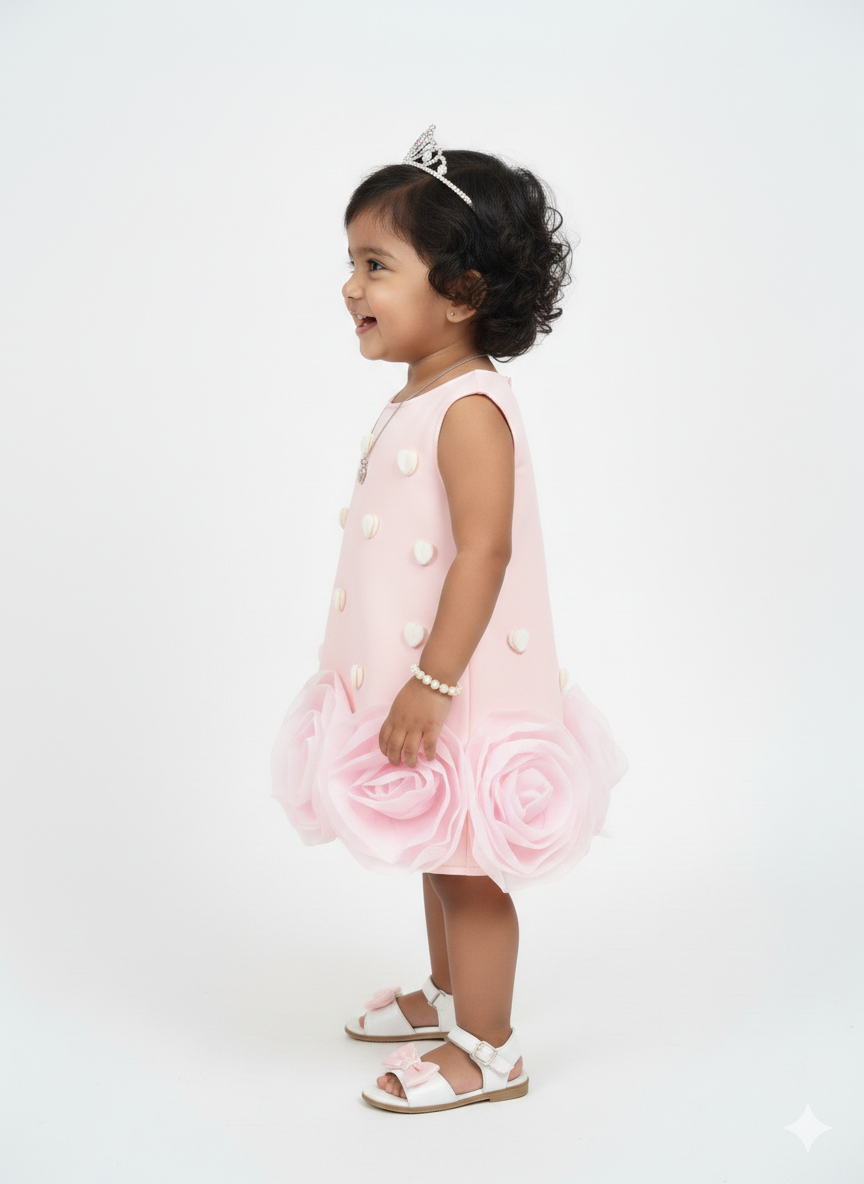 Girls' Pink Scuba Party Dress with 3D Hearts & Organza Rosettes