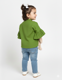 Kids' Vibrant Green Lantern Sleeve Top with Pleated Neckline