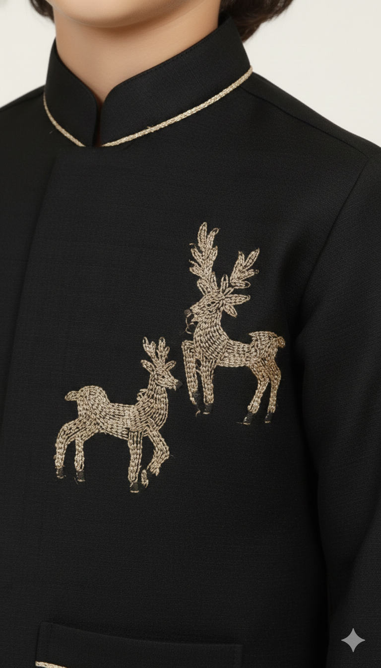 Boys' Festive Ethnic Wear with Gold Piping & Deer Motif