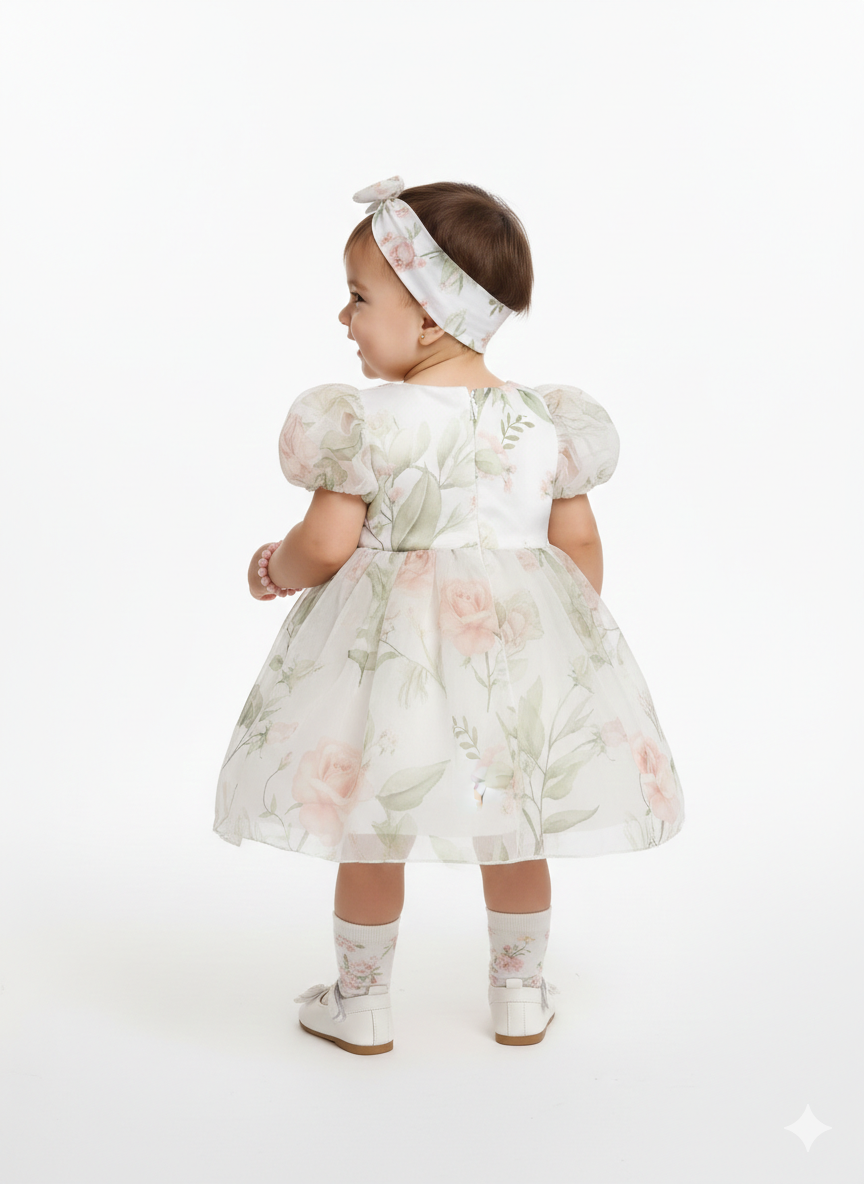 The "Ethereal Garden" Heirloom Organza Puff-Sleeve Frock
