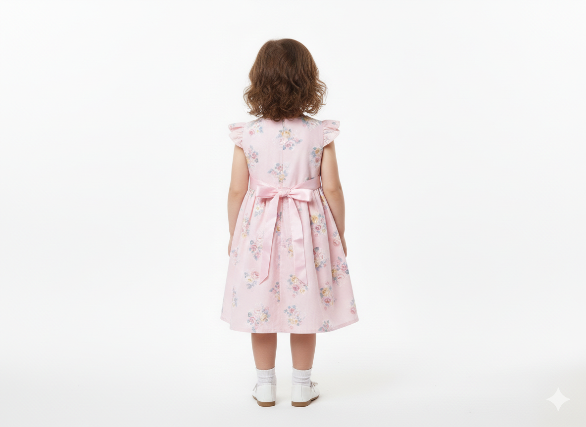 Girls' Vintage-Inspired Floral Print Cotton Dress with Flutter Sleeves