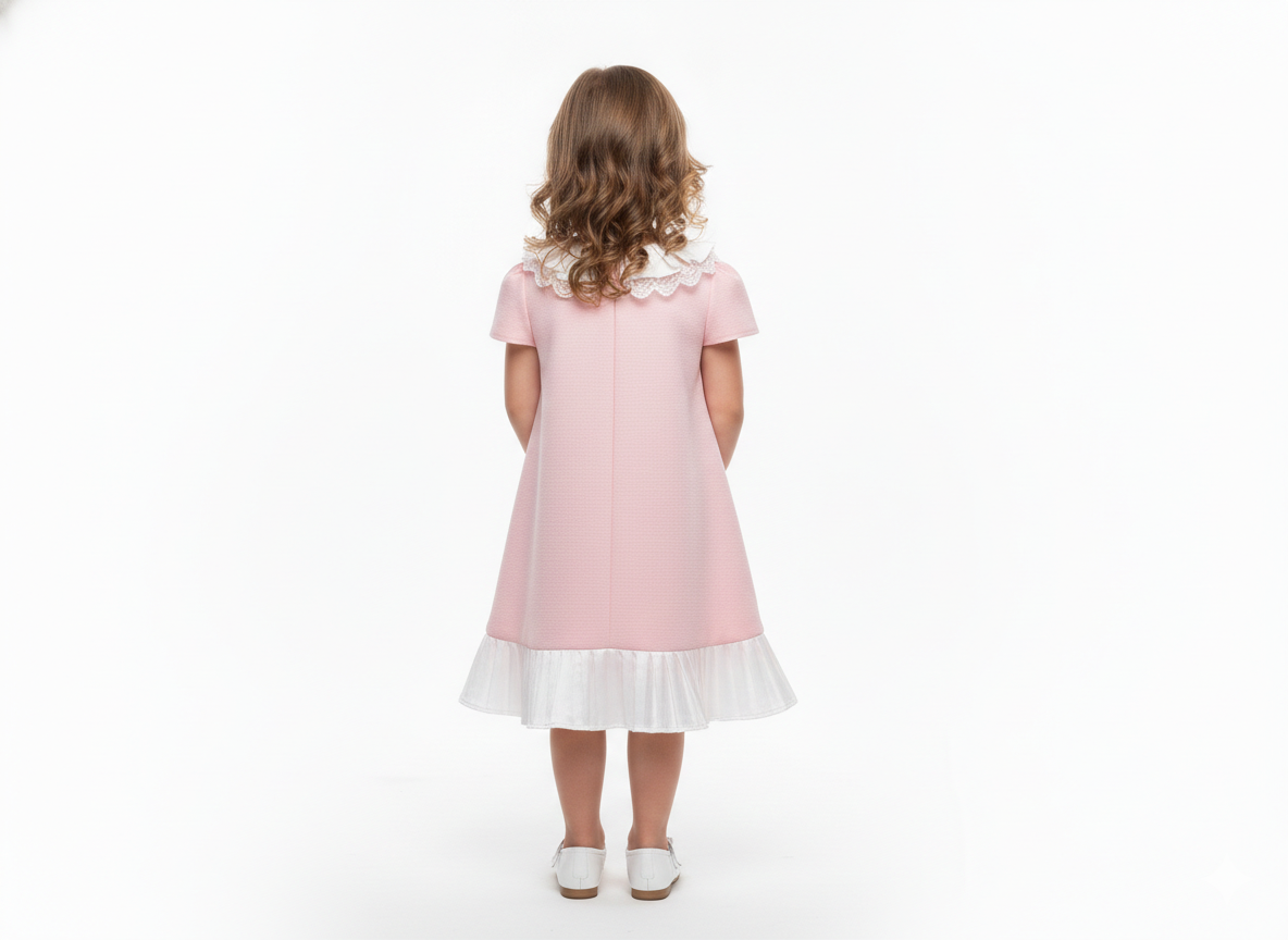 Girls' Pastel Pink Princess Dress with Pleated Lace Collar ✨