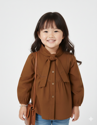 Vintage Brown Lantern-Sleeve Cotton Top