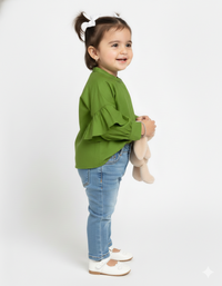 Kids' Vibrant Green Lantern Sleeve Top with Pleated Neckline