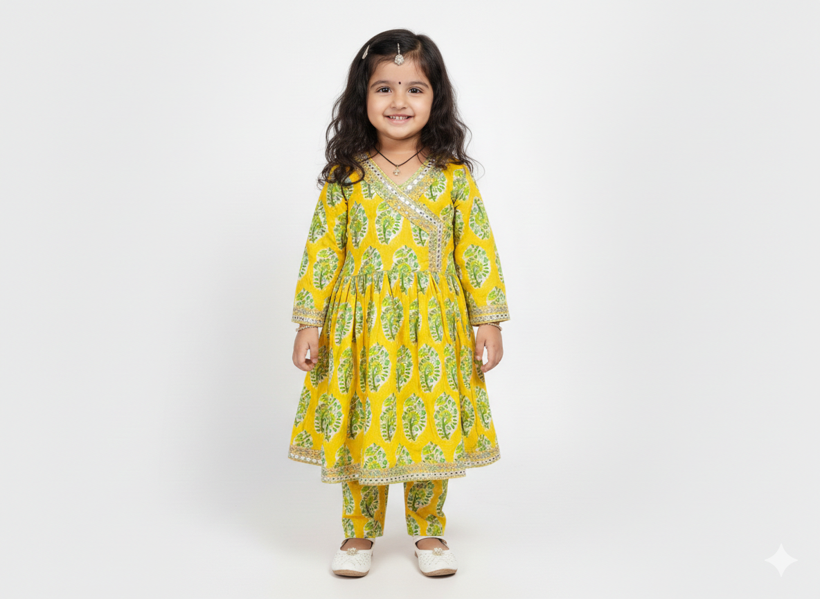 Sunshine Floral Angrakha Kurta Set for Girls