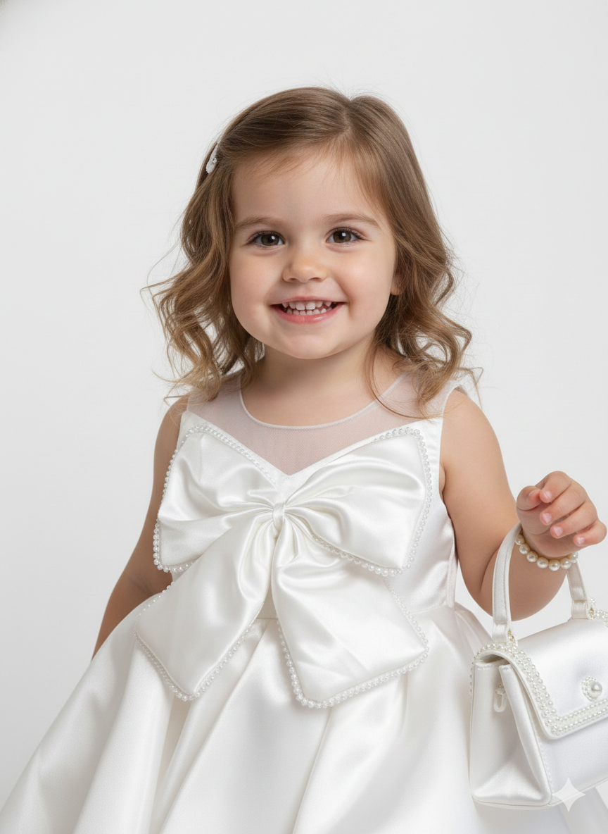 Girls’ Pearl-Embellished Satin Party Dress – Elegant Occasion Frock with Oversized Bow