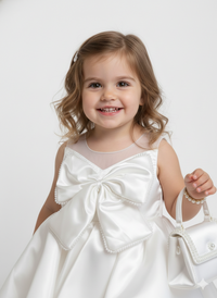 Girls’ Pearl-Embellished Satin Party Dress – Elegant Occasion Frock with Oversized Bow