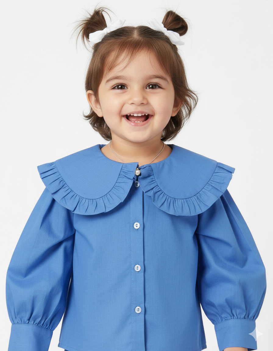 Girls' Dramatic Ruffle Collar Shirt in Cornflower Blue