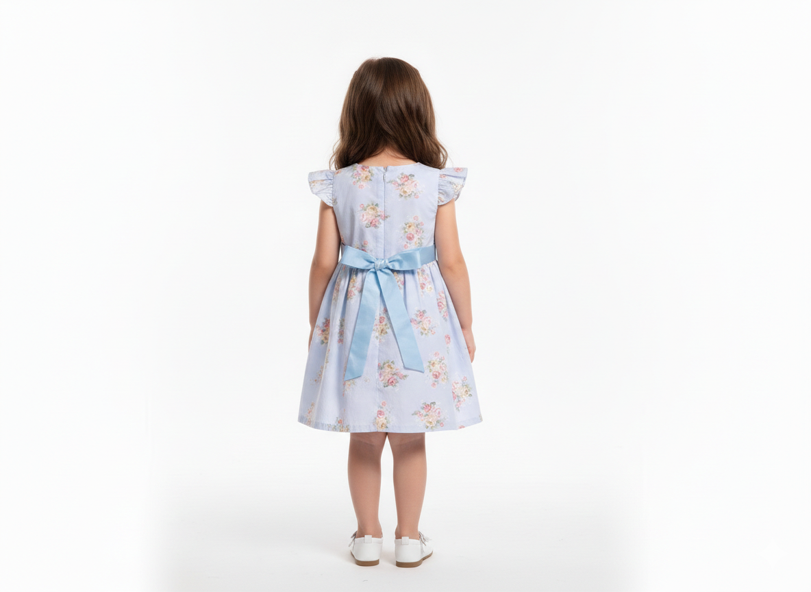 Girls' Vintage-Inspired Floral Print Cotton A-Line Dress with Flutter Sleeves