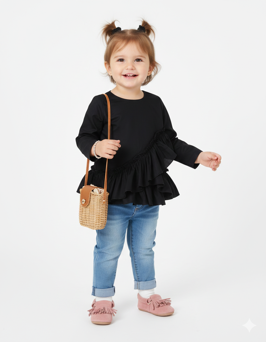 Girls' Black Asymmetrical Ruffle Top