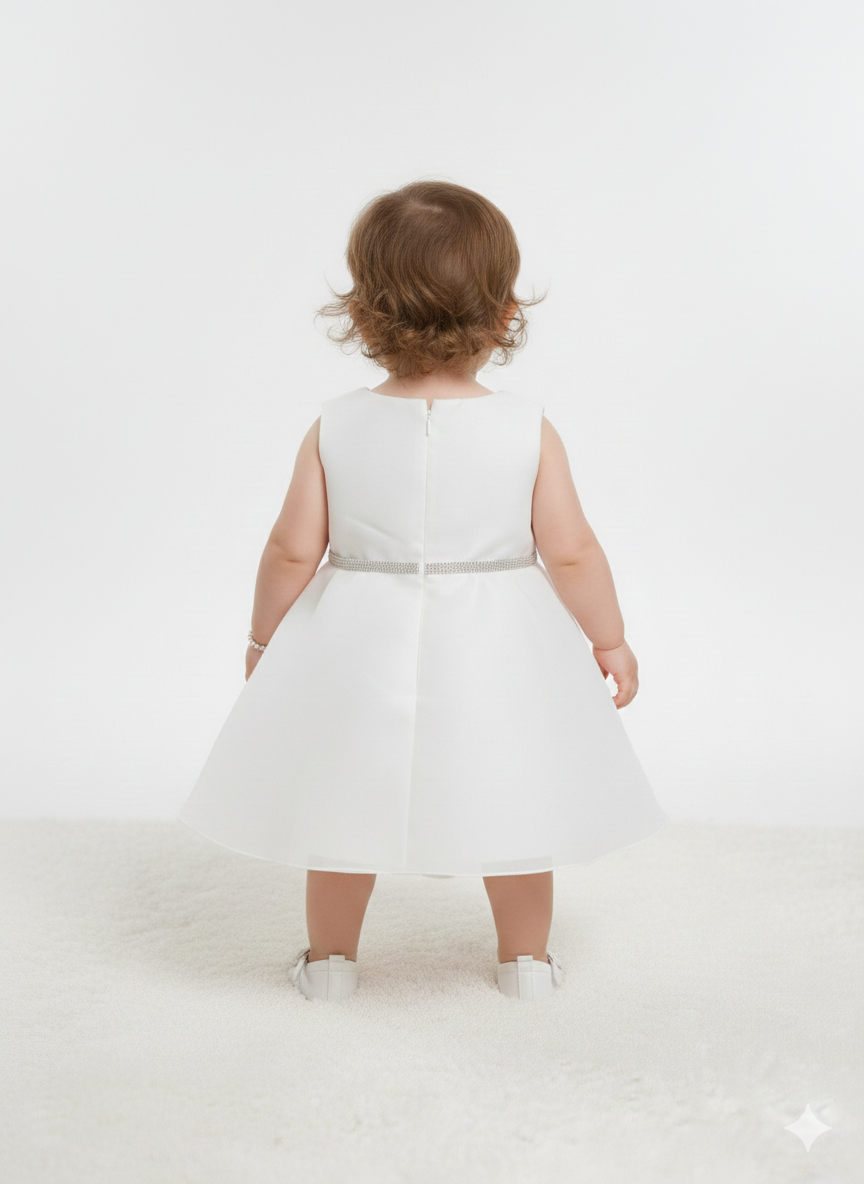 Elegant Sleeveless White Party Dress with Dramatic Floral Detail