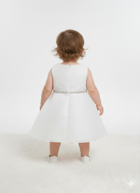 Elegant Sleeveless White Party Dress with Dramatic Floral Detail