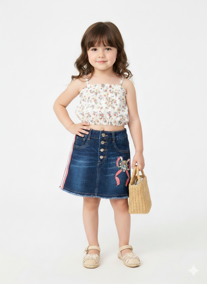 Girls’ Indigo Denim Shorts With Signature Pink Stripes