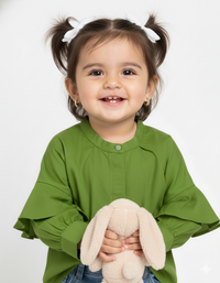 Kids' Vibrant Green Lantern Sleeve Top with Pleated Neckline