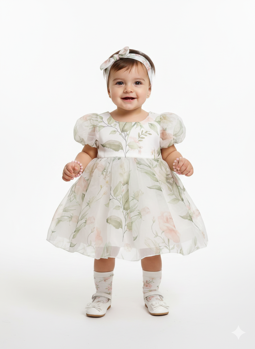 The "Ethereal Garden" Heirloom Organza Puff-Sleeve Frock