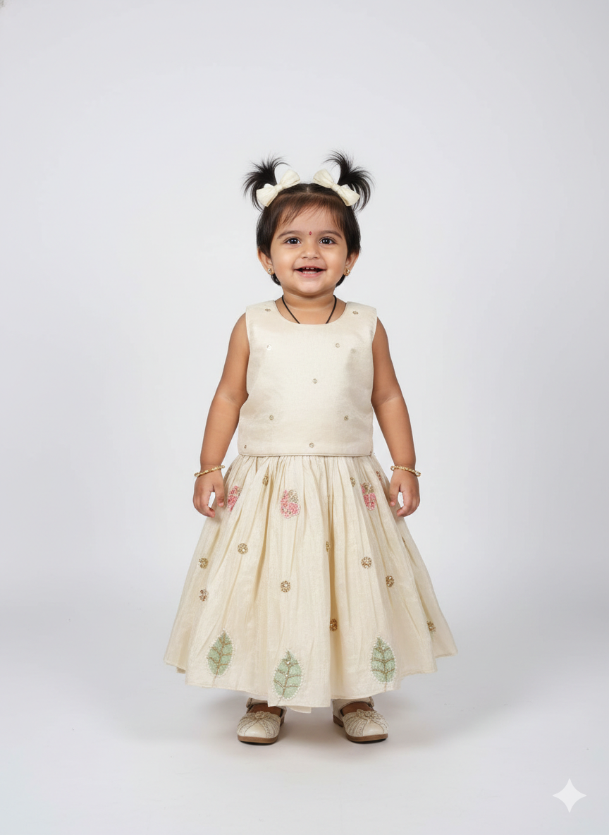 Girls’ Hand-Embellished Sage Green Floral Peplum Sharara Set.