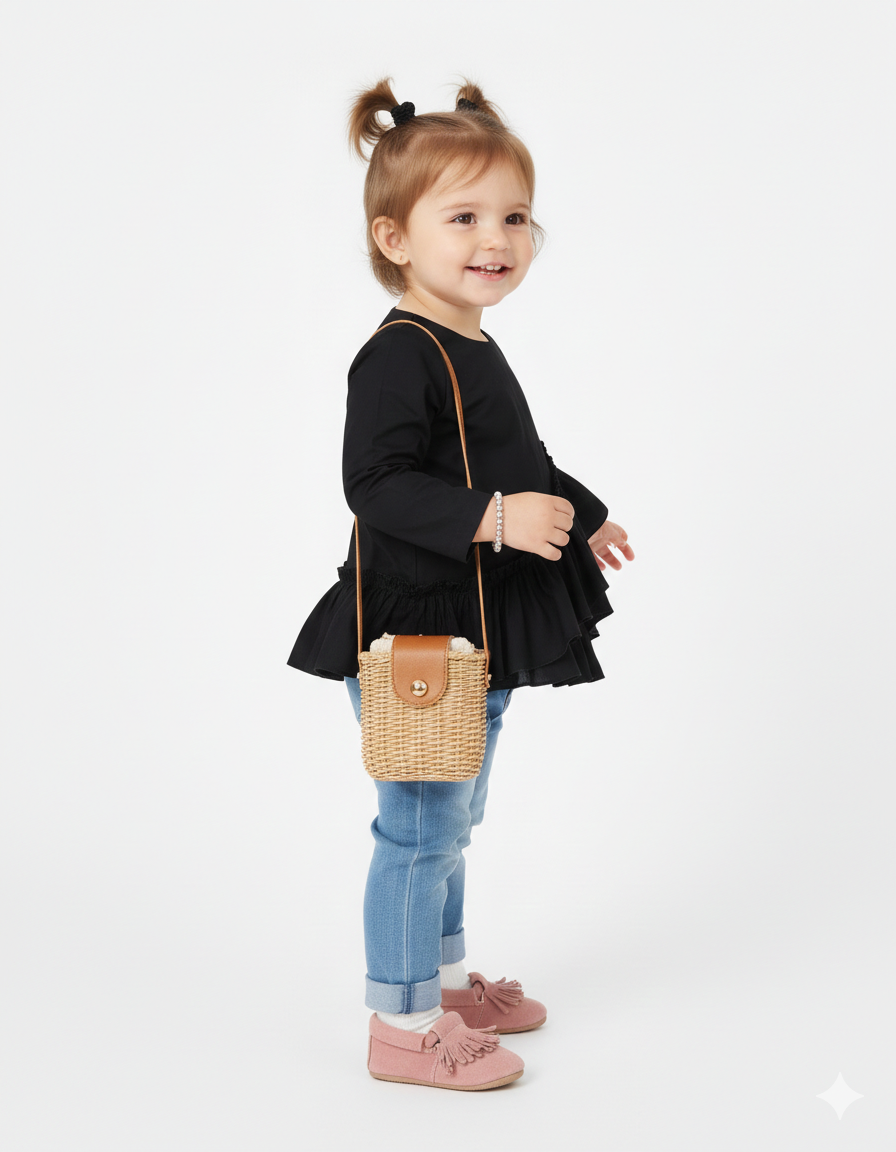Girls' Black Asymmetrical Ruffle Top