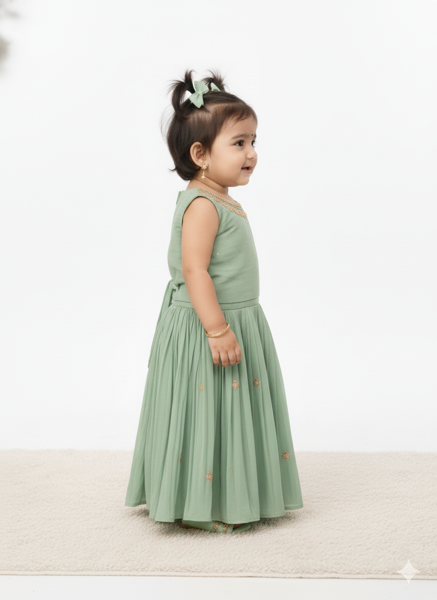 Elegant Sage Green Floral Sharara-Style Lehenga Ensemble for Girls