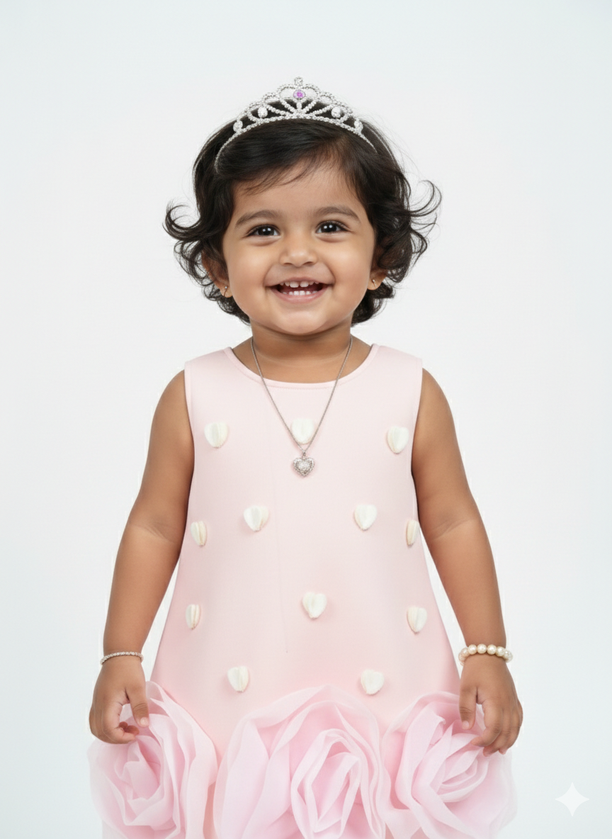 Girls' Pink Scuba Party Dress with 3D Hearts & Organza Rosettes