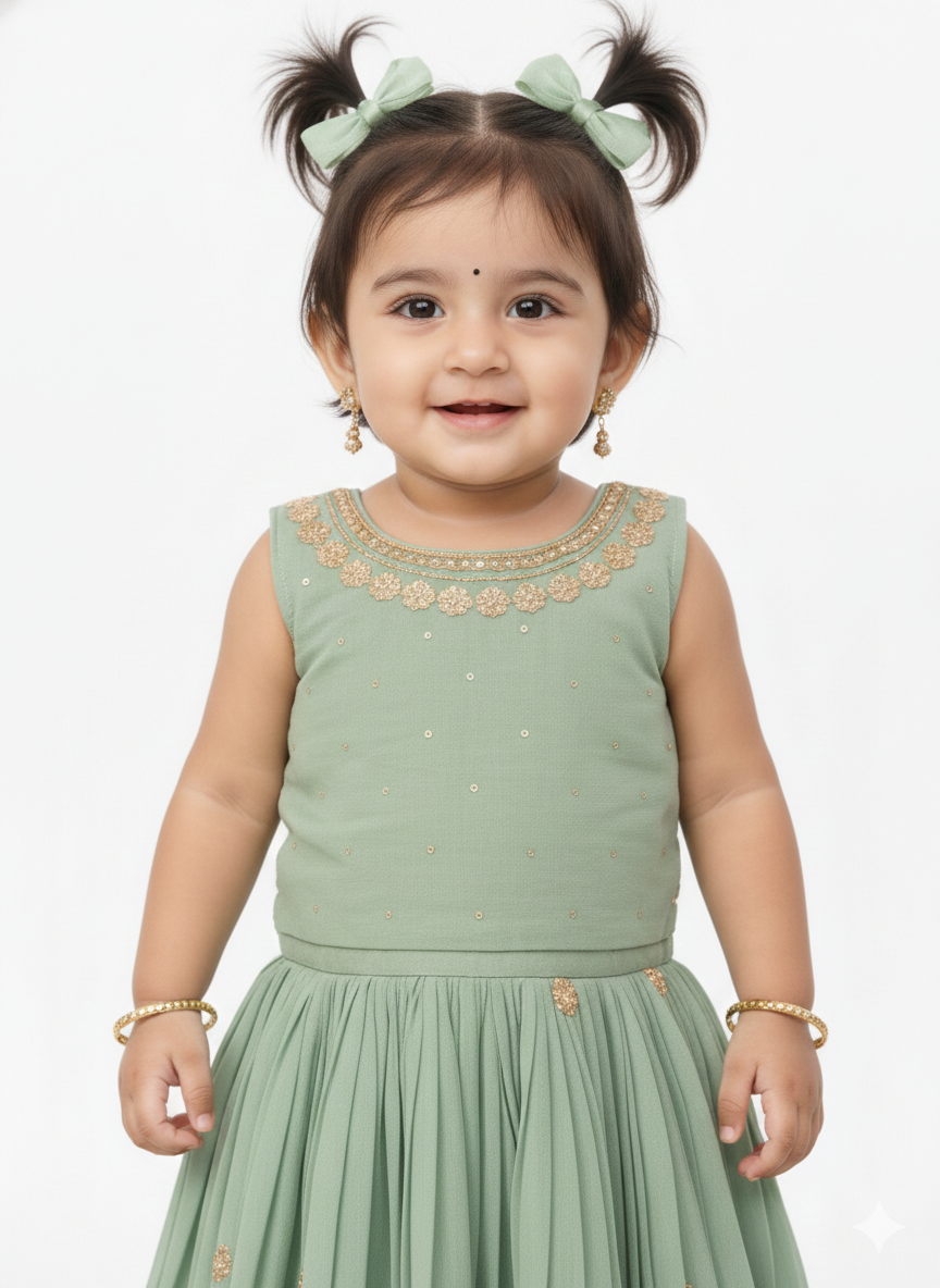 Elegant Sage Green Floral Sharara-Style Lehenga Ensemble for Girls