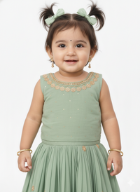 Elegant Sage Green Floral Sharara-Style Lehenga Ensemble for Girls