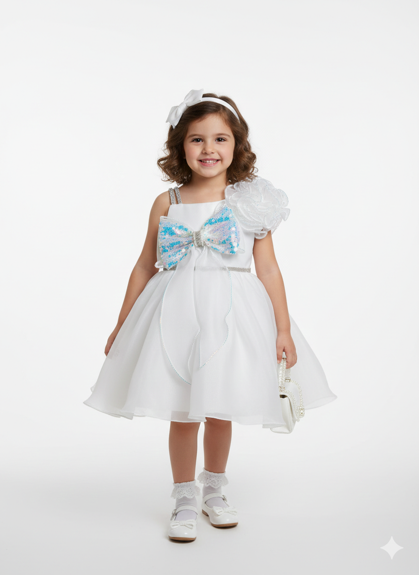 Girls’ Shimmering White Sequin Party Dress – Avant-Garde Ruffle Sleeve Frock