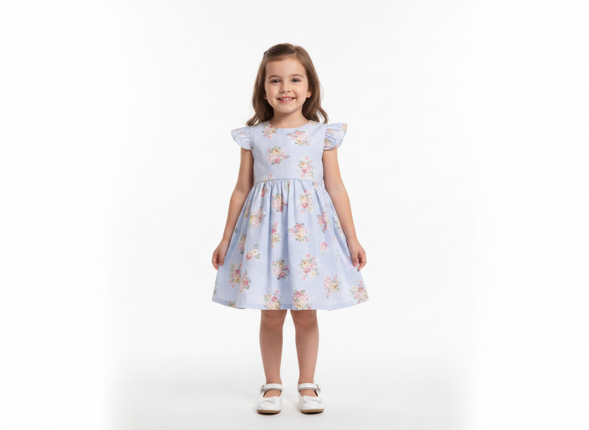 Girls' Vintage-Inspired Floral Print Cotton A-Line Dress with Flutter Sleeves