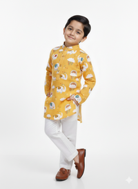 Boys' Mustard Yellow Rainbow & Elephant Print Kurta Set
