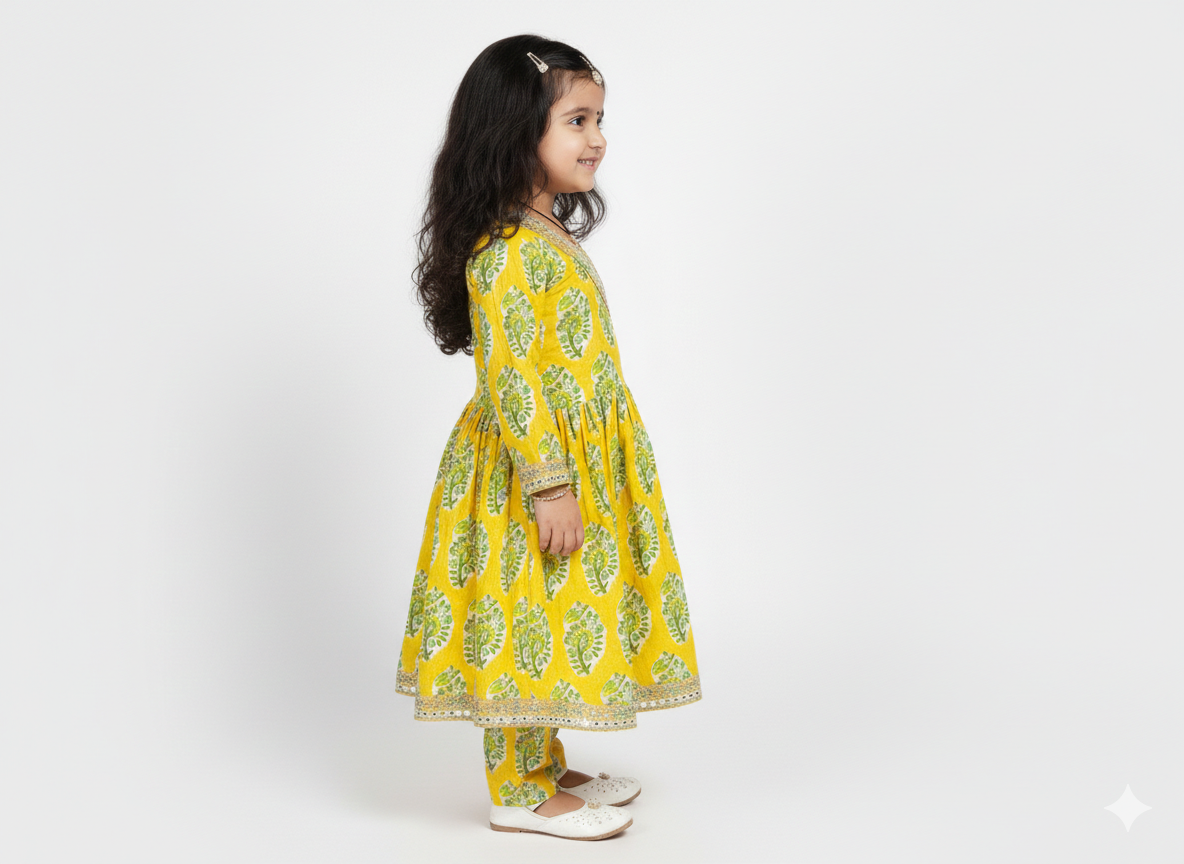 Sunshine Floral Angrakha Kurta Set for Girls