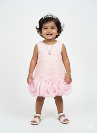 Girls' Pink Scuba Party Dress with 3D Hearts & Organza Rosettes