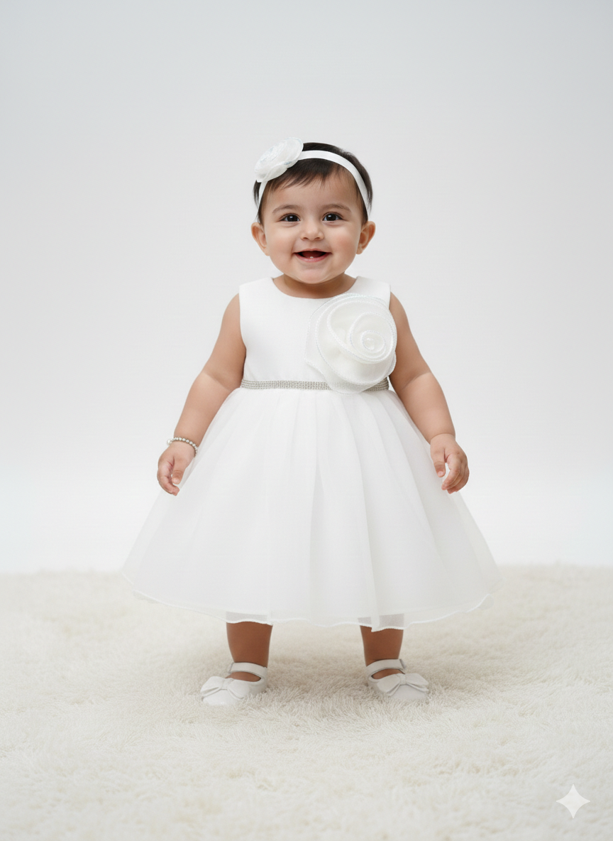 Elegant Sleeveless White Party Dress with Dramatic Floral Detail