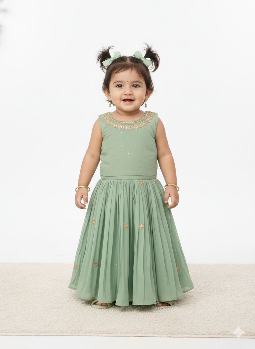 Elegant Sage Green Floral Sharara-Style Lehenga Ensemble for Girls