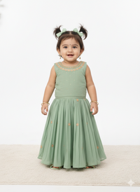 Elegant Sage Green Floral Sharara-Style Lehenga Ensemble for Girls