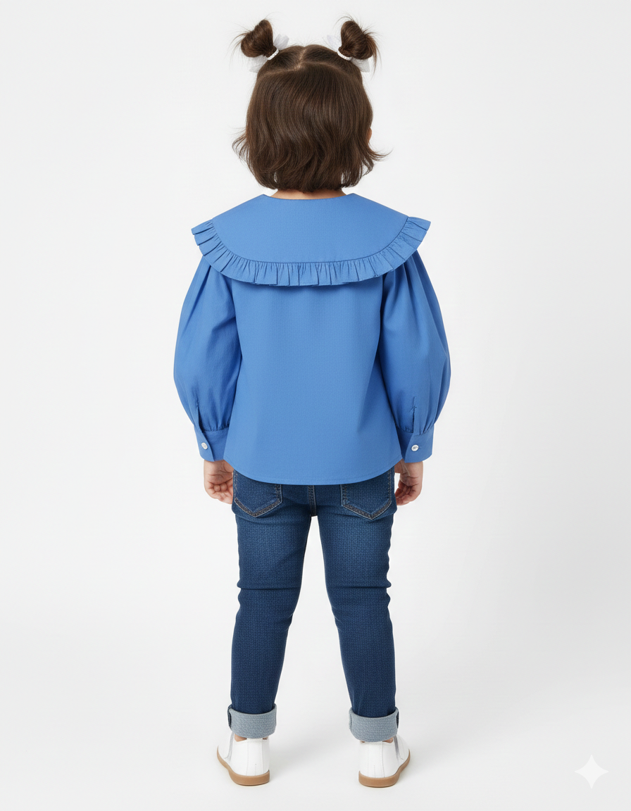Girls' Dramatic Ruffle Collar Shirt in Cornflower Blue