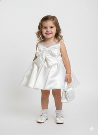 Girls’ Pearl-Embellished Satin Party Dress – Elegant Occasion Frock with Oversized Bow