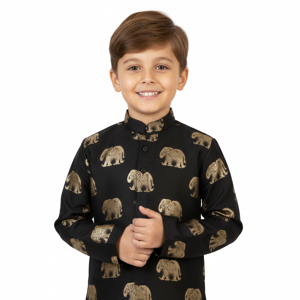 Boys’ Gold Foil Elephant Motif Kurta in Jet Black