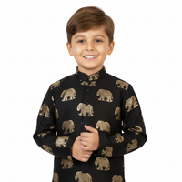 Boys’ Gold Foil Elephant Motif Kurta in Jet Black