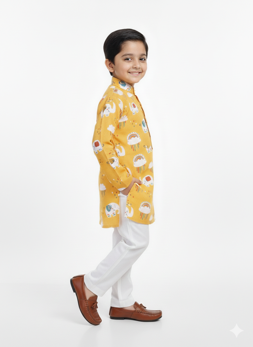 Boys' Mustard Yellow Rainbow & Elephant Print Kurta Set